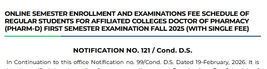 PU Pharm D 1st Semester Fall 2025 Single Fee Schedule 2026