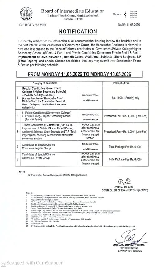 BIEK Karachi Inter Annual Exams 2026 Forms Schedule