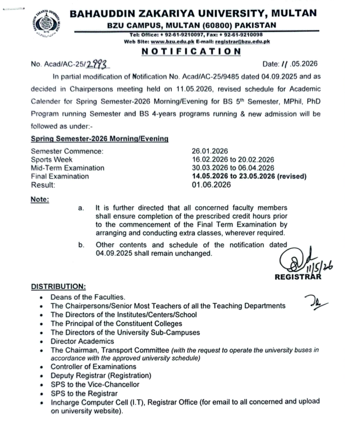 BZU Multan Revised Academic Calendar Spring Semester 2026