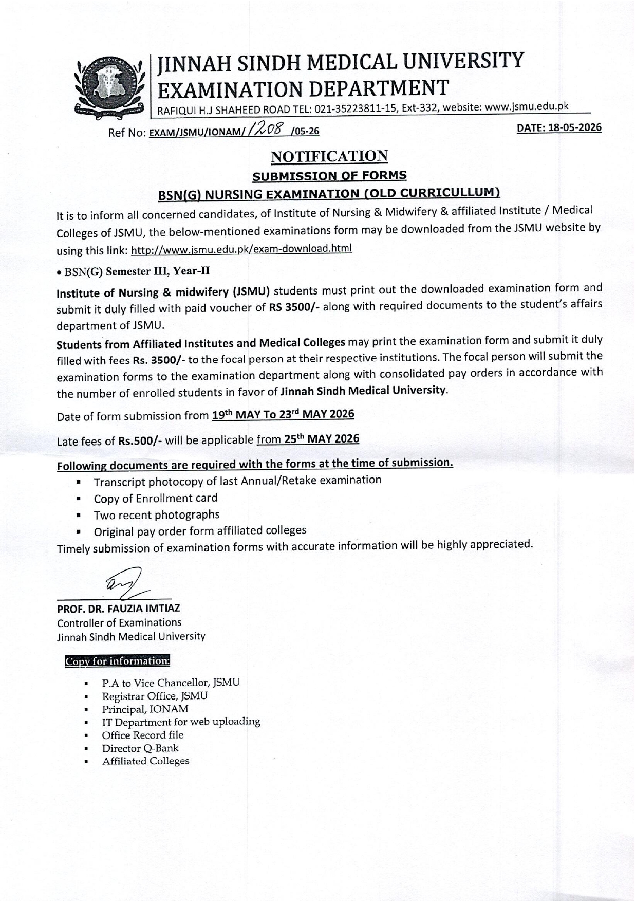 JSMU Exam Form Submission Notice 2026 for BSN Generic Old Curriculum Released