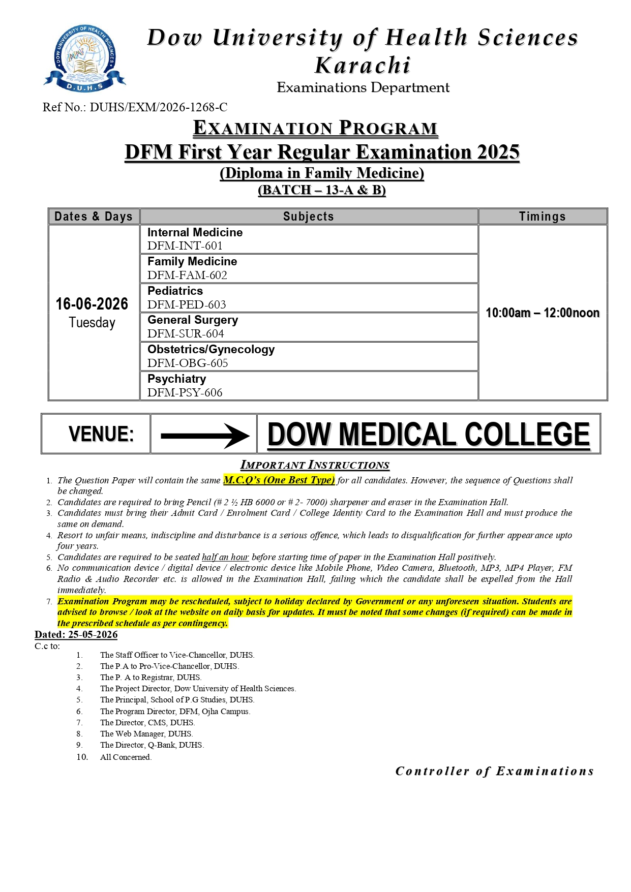 DUHS Date Sheet 2026 for DFM Exams Announced