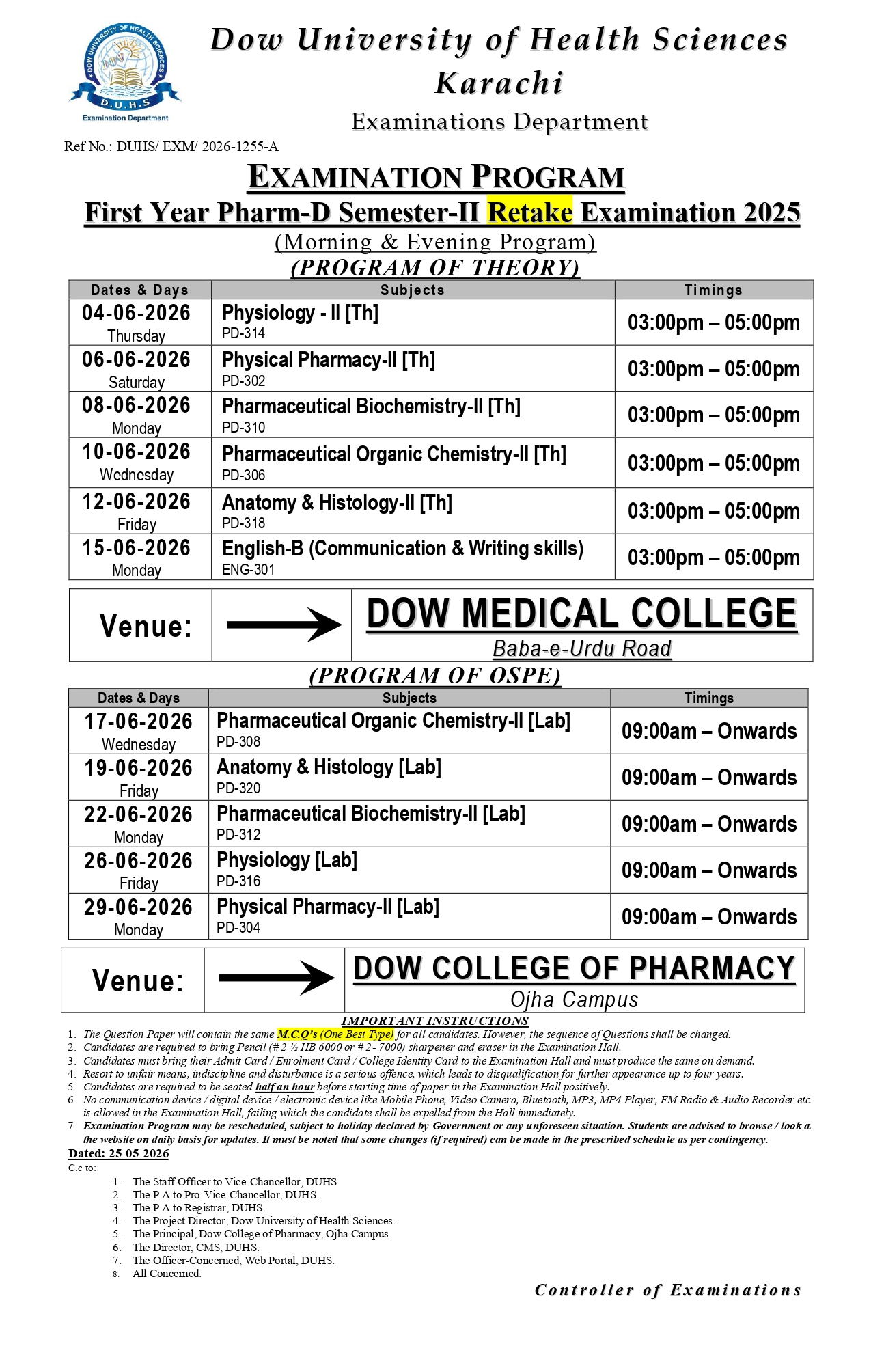 DUHS Date Sheet 2026 for Pharm-D Exams Announced