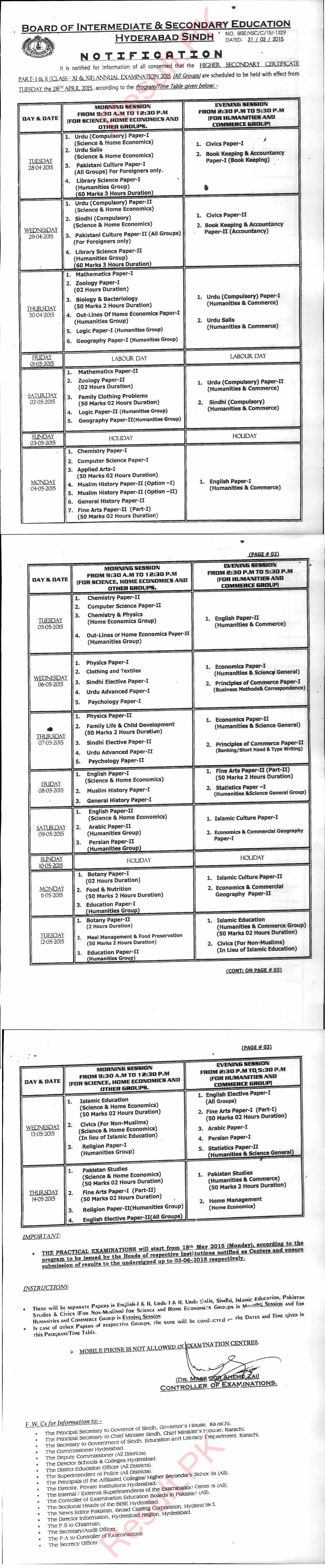 BISE Hyderabad Board Date Sheet 2024 Inter Part 1 2, HSSC, FA, FSC