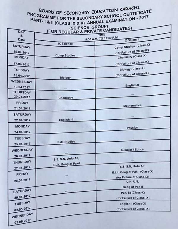 BSEK Karachi Board Date Sheet 2024 Matric Part 1 2, 9th & 10th, SSC