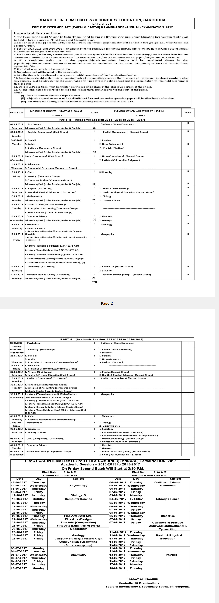 12th Class Date Sheet 2025 BISE Sargodha Board bisesargodha Online