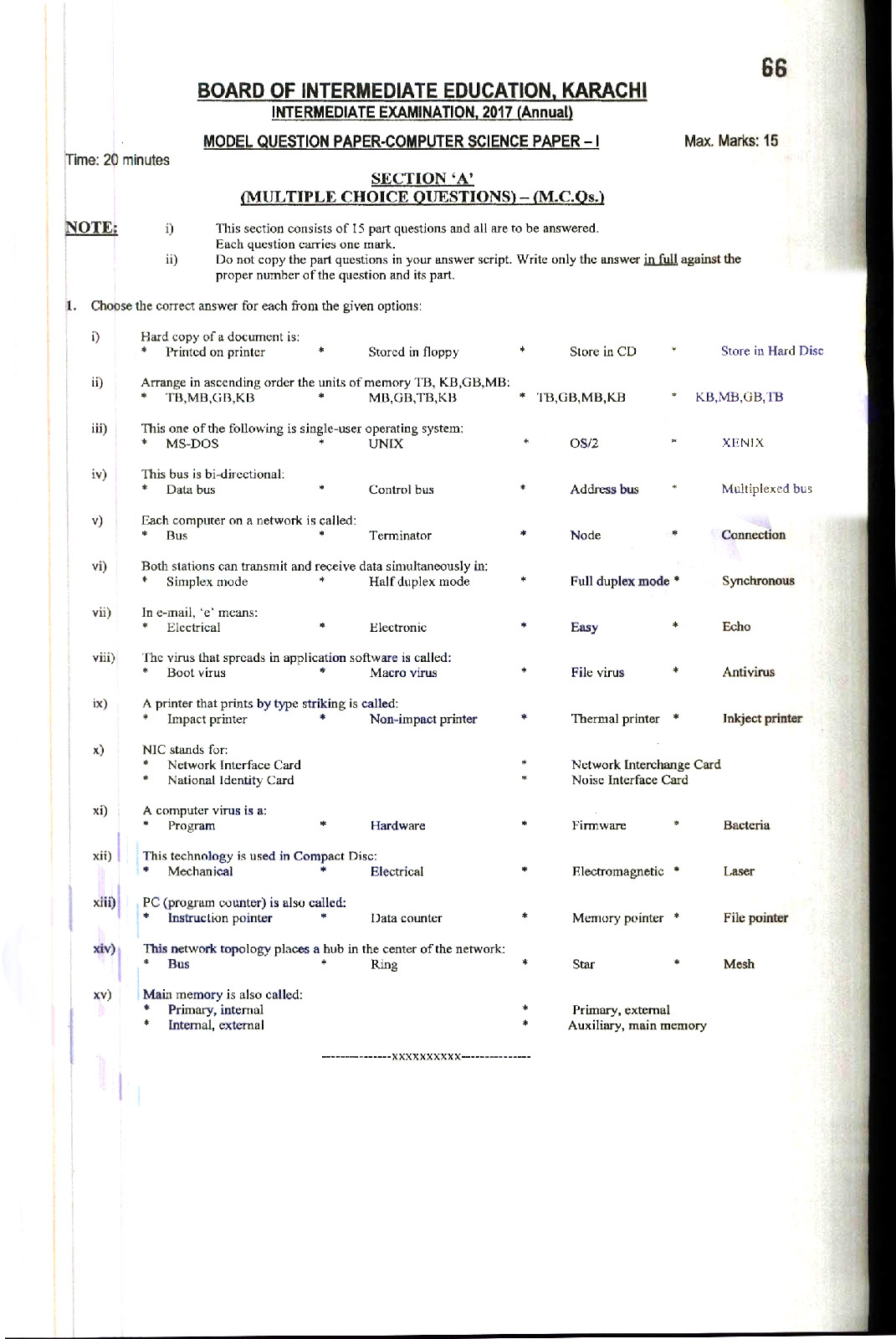 BIEK Karachi Board Model Papers 2024 Inter Part 1 2, HSSC, FA, FSC