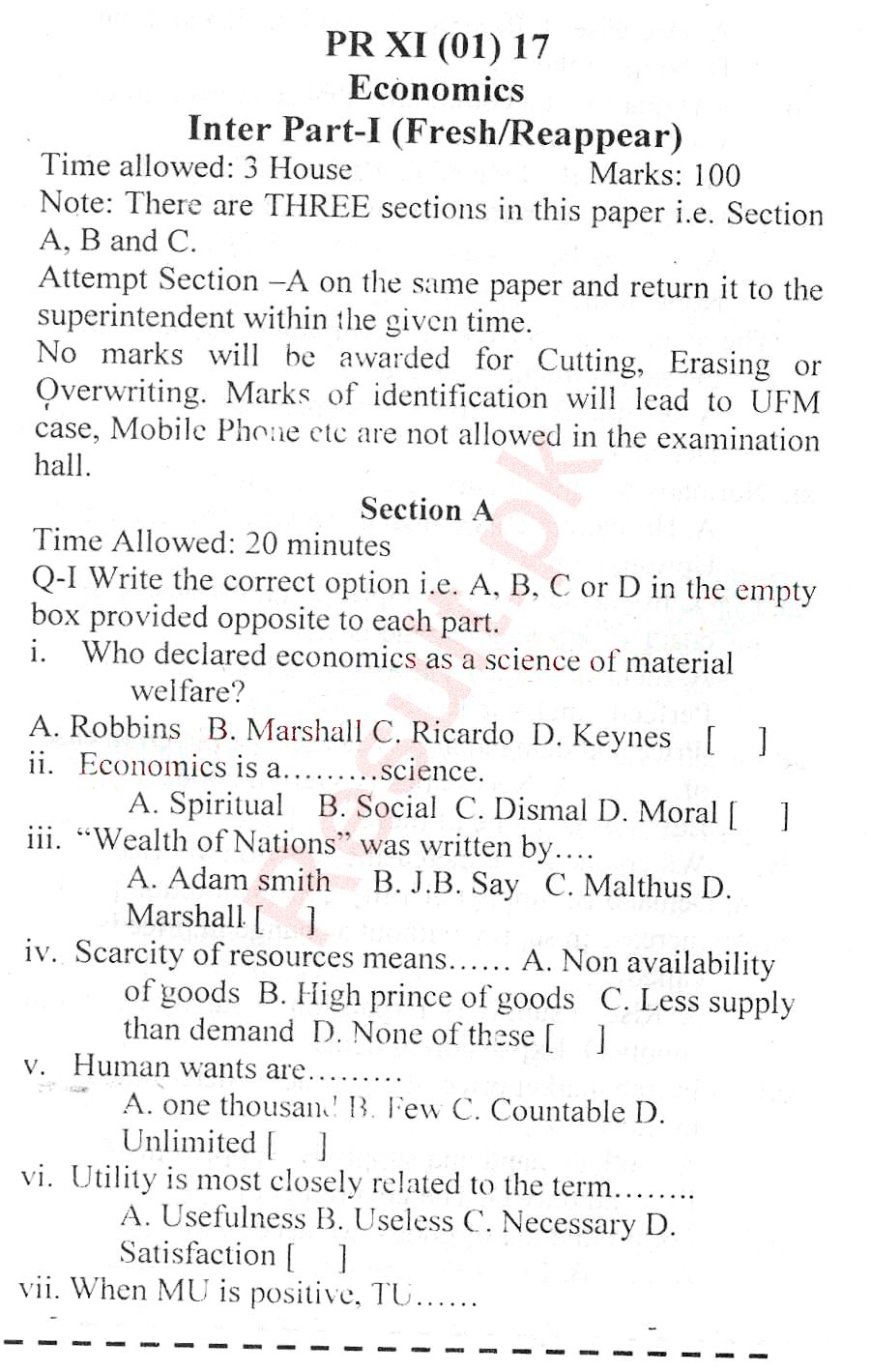 BISE Peshawar Board Past Papers 2024 Inter Part 1 2, FA, HSSC, FSC