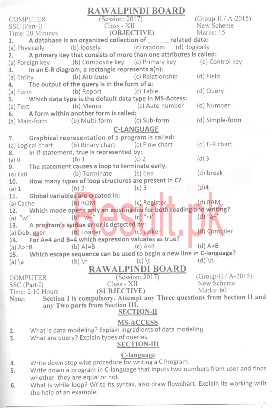 BISE Rawalpindi Board Past Papers 2022 Inter Part 1 2, FA, HSSC, FSC