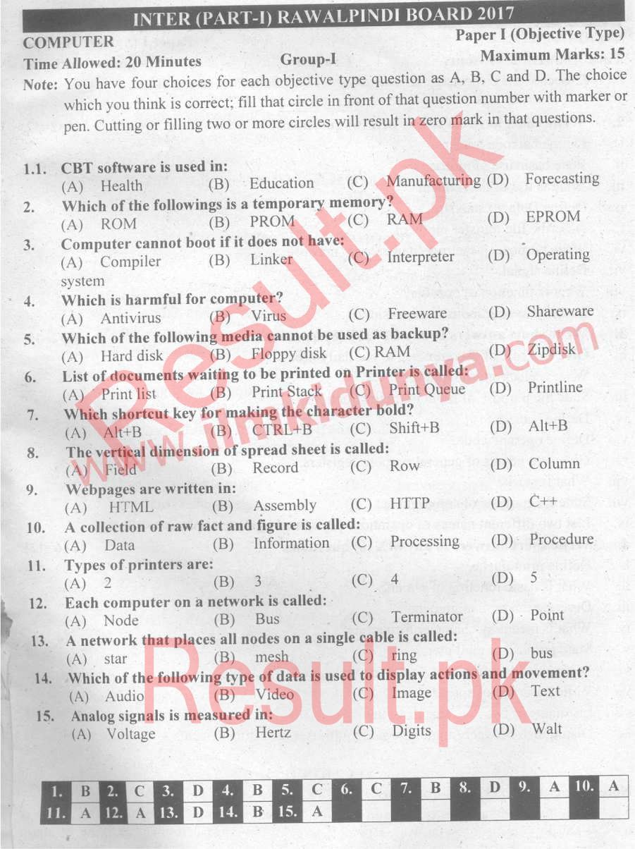 BISE Rawalpindi Board Past Papers 2025 Inter Part 1 2, FA, HSSC, FSC, Intermediate, 11th & 12th