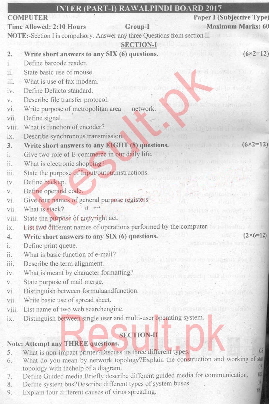 BISE Rawalpindi Board Past Papers 2025 Inter Part 1 2, FA, HSSC, FSC