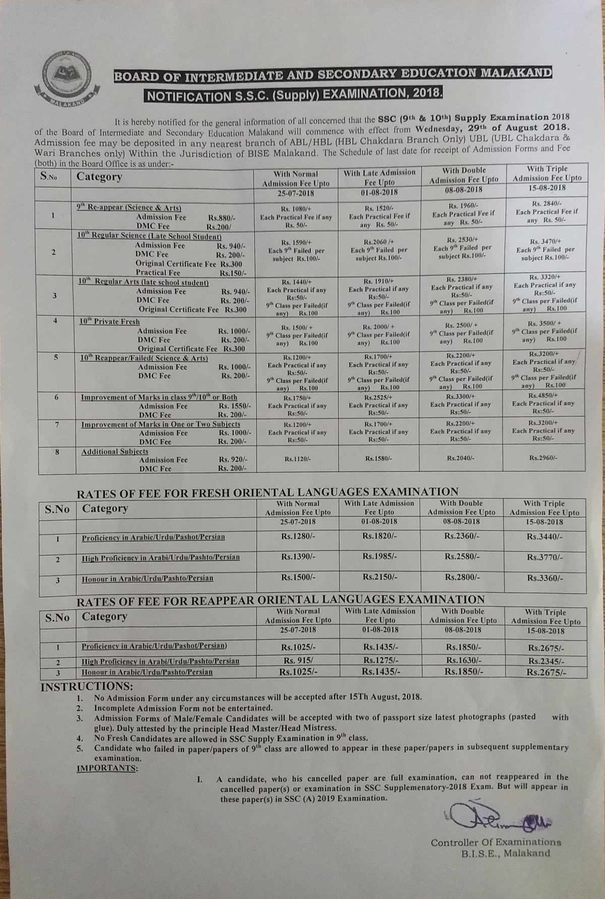 BISE Malakand Board Admissions 2024 bisemalakand Online