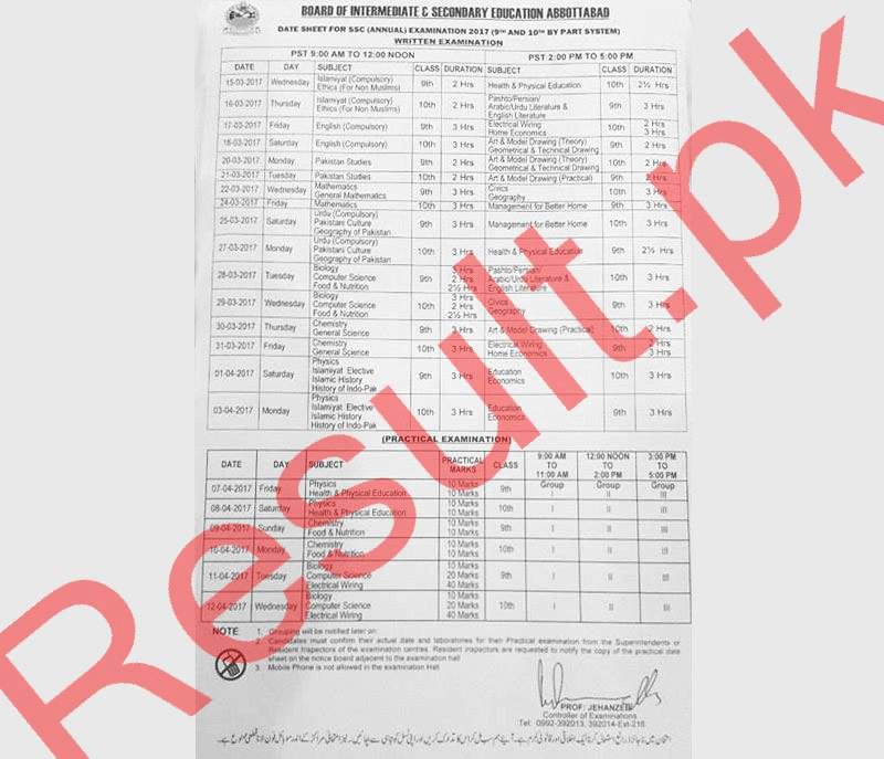 BISE Abbottabad Board Date Sheet 2024 Matric Part 1 2, 9th & 10th, SSC