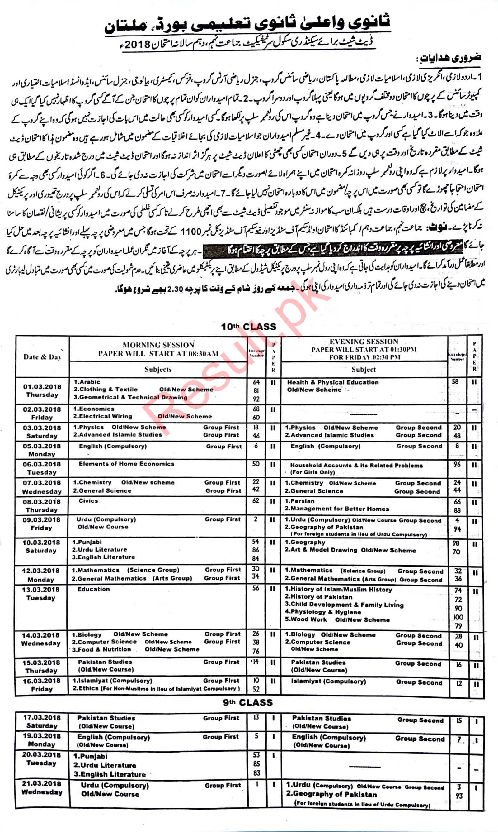 BISE Multan Board Date Sheet 2025 Matric Part 1 2, SSC, 9th & 10th, Annual & Supply Classes