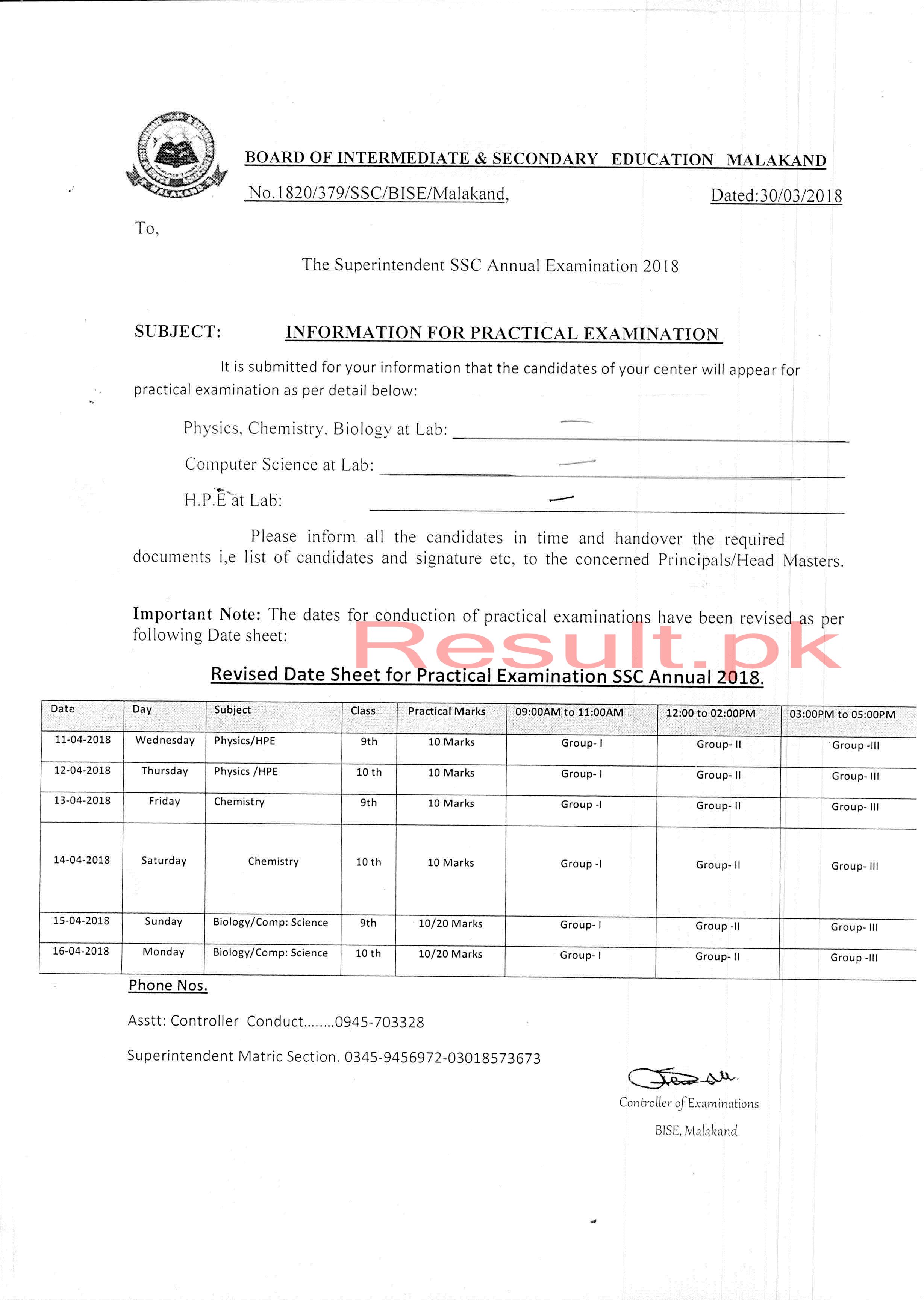 BISE Malakand Board Date Sheet 2024 Matric Part 1 2, 9th & 10th, SSC
