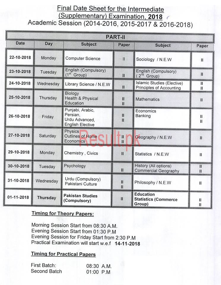 BISE Sargodha Board Date Sheet 2024 Inter Part 1 2, HSSC, FA, FSC