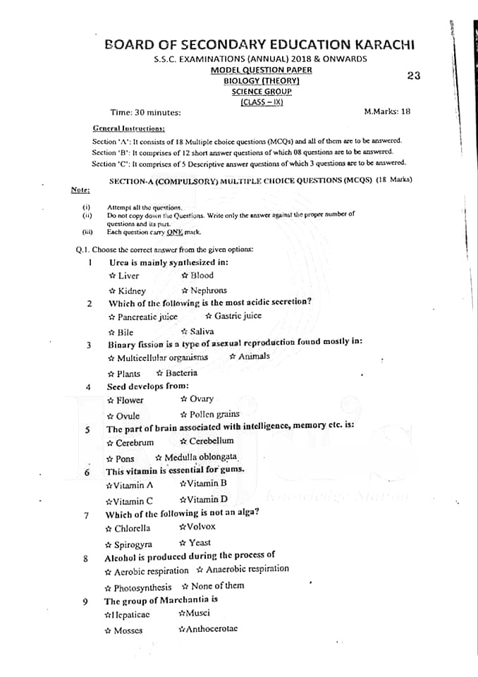 BSEK Karachi Board Model Papers 2025 Matric, SSC Part 1 & 2, 9th & 10th