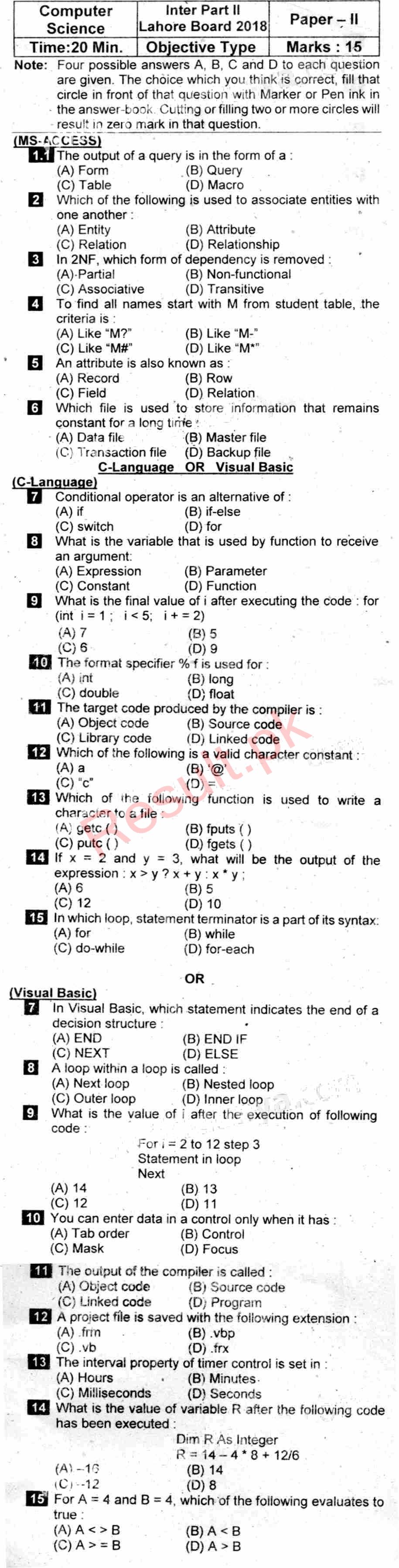 BISE Lahore Board Past Papers 2021 Inter Part 1 2, FA, HSSC, FSC