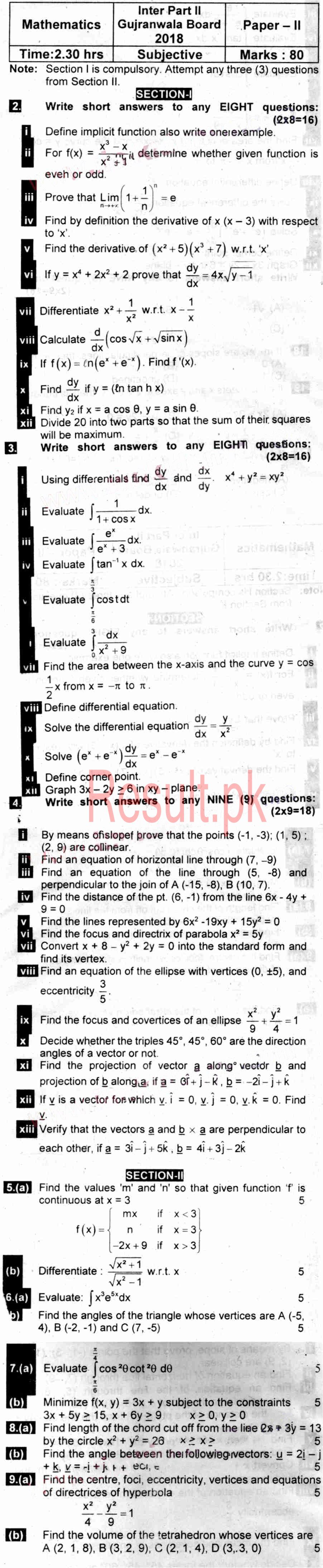 BISE Gujranwala Board Past Papers 2024 Inter Part 1 2, FA, HSSC, FSC
