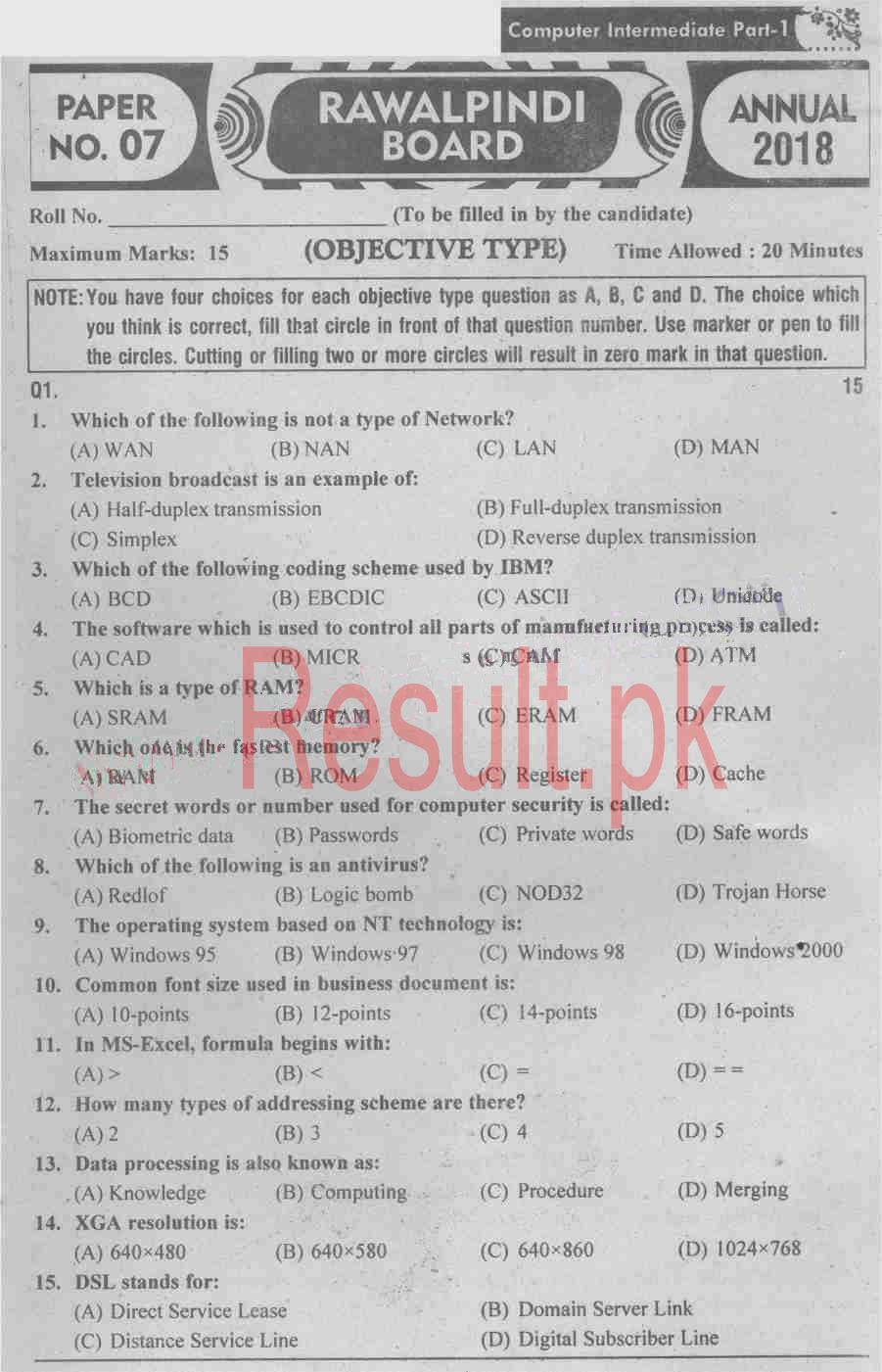 BISE Rawalpindi Board Past Papers 2024 Inter Part 1 2, FA, HSSC, FSC