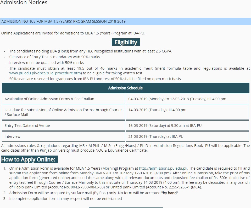 Punjab University Admissions 2024 pu Online