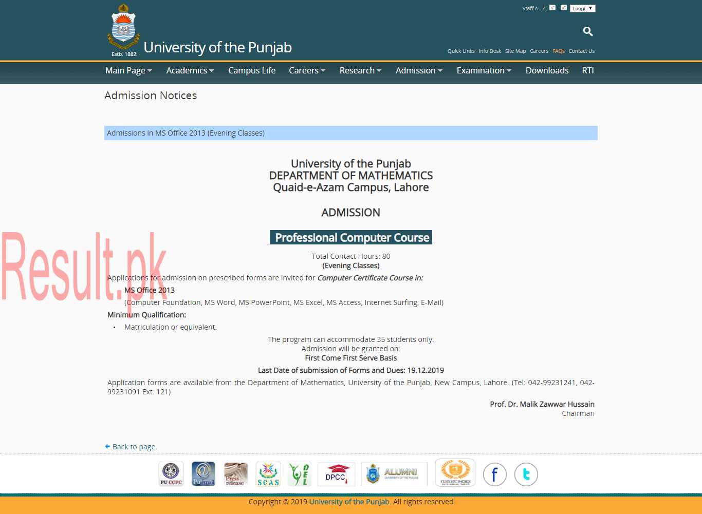 Punjab University Admissions 2024 pu Online