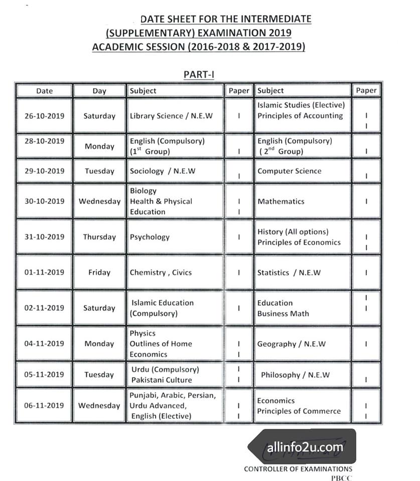 11th Class Date Sheet 2024 BISE Sargodha Board bisesargodha Online