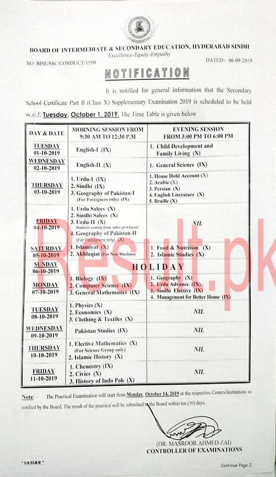 BISE Hyderabad Board Date Sheet 2024 Matric Part 1 2, SSC, 9th & 10th