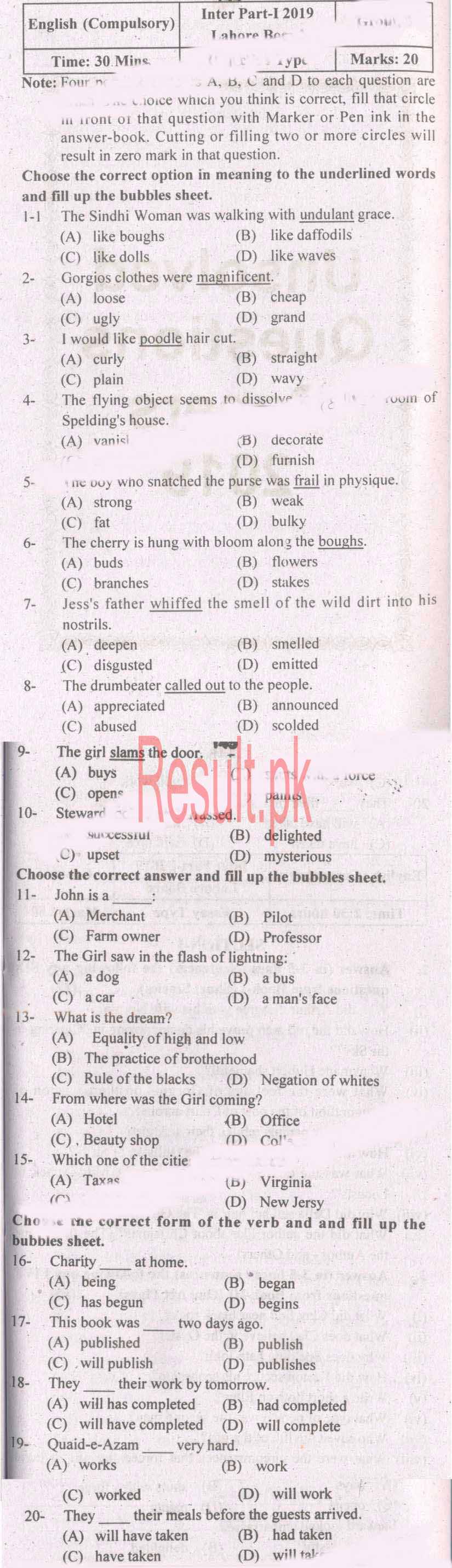 BISE Lahore Board Past Papers 2023 Inter Part 1 2, FA, HSSC, FSC