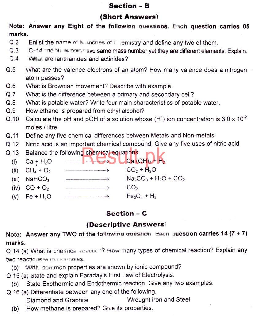 9th Class Chemistry Past Paper Sindh 2019