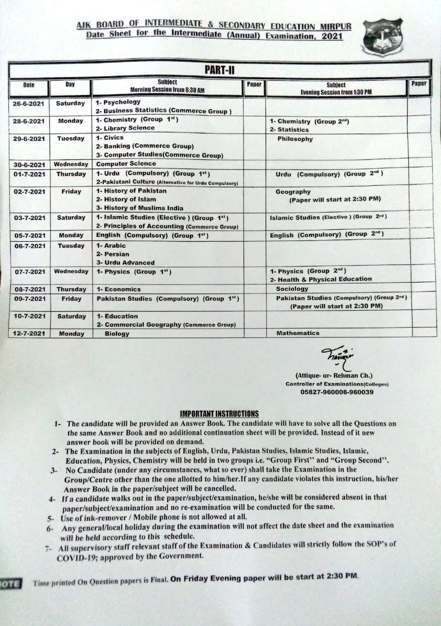 Inter Part 2 Date Sheet 2024 BISE AJK Board Mirpur ajkbise Online