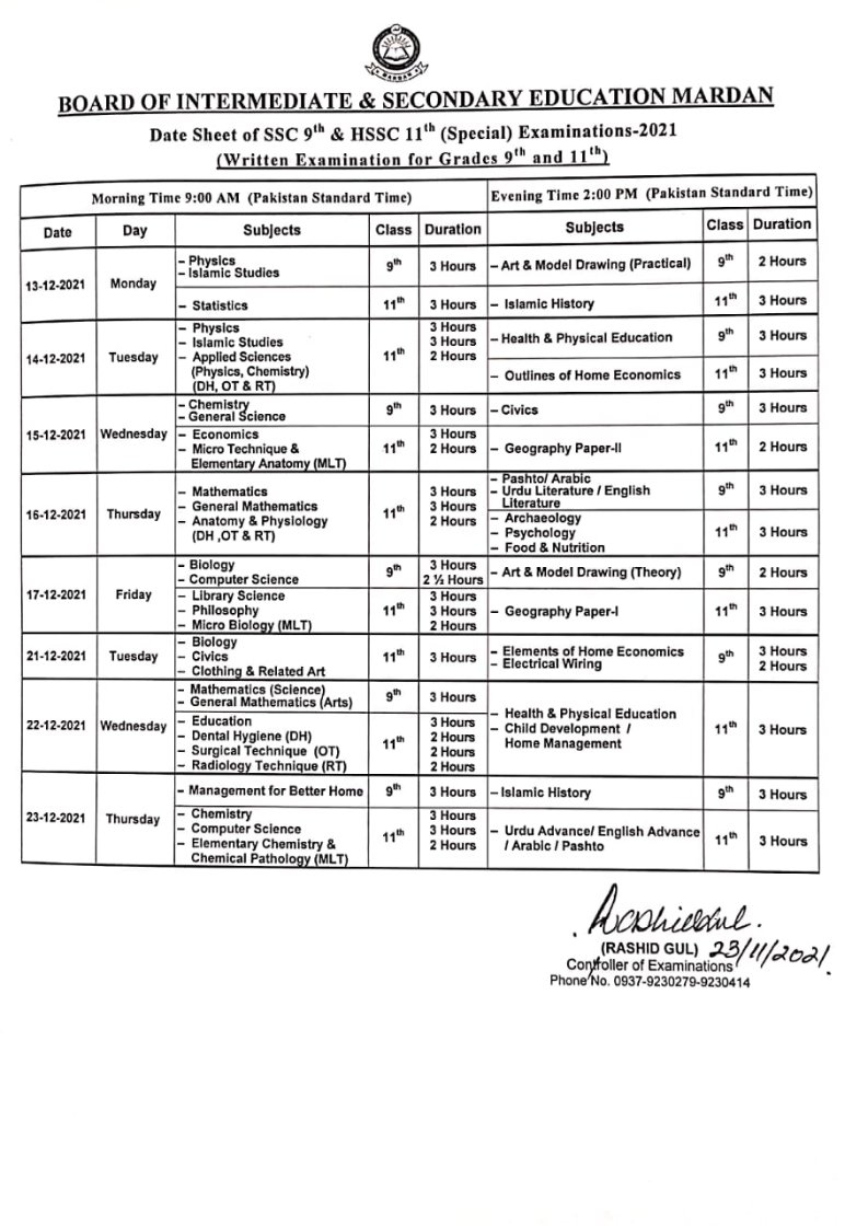 Ssc Part 1 Date Sheet 2024 BISE Mardan Board bisemdn Online