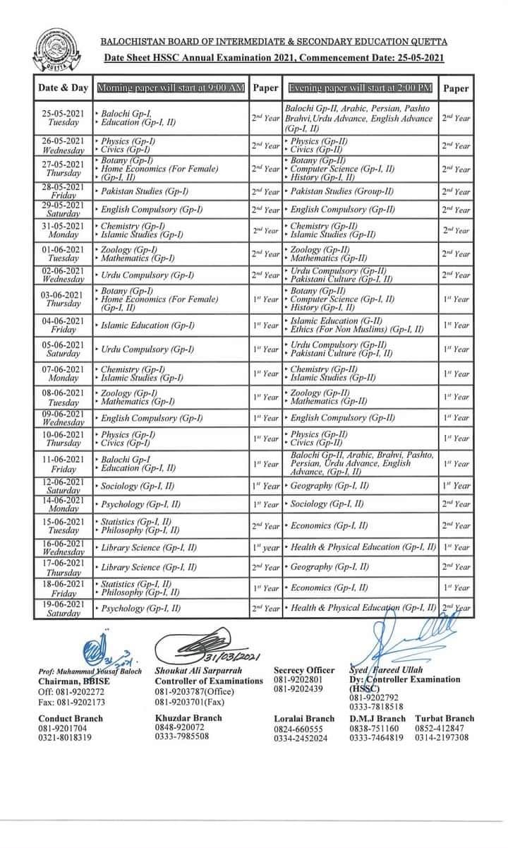BISE Quetta Board Date Sheet 2024 Inter Part 1 2, HSSC, FA, FSC, Inter