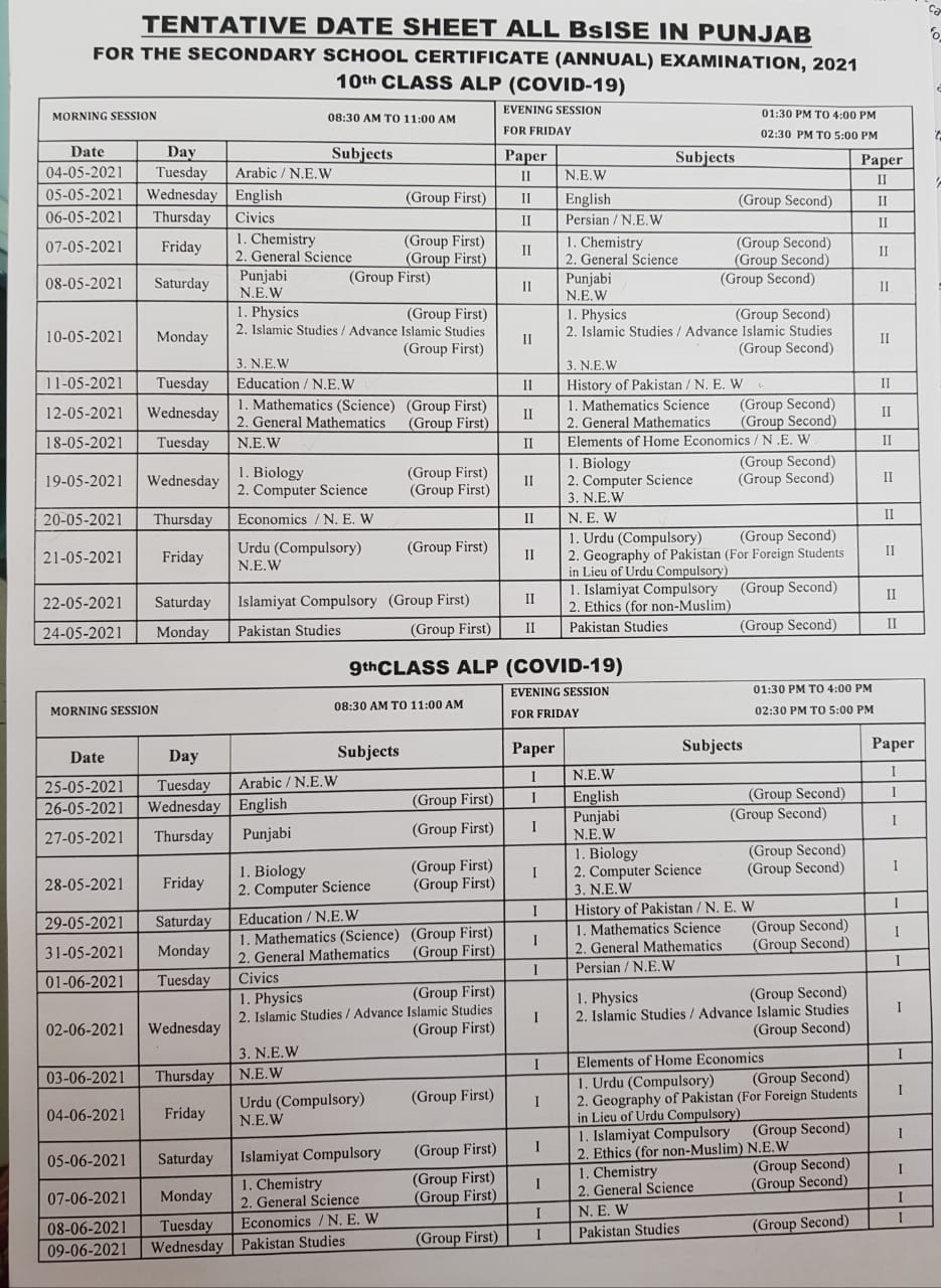 10th Class Date Sheet 2025 BISE Lahore Board biselahore Online
