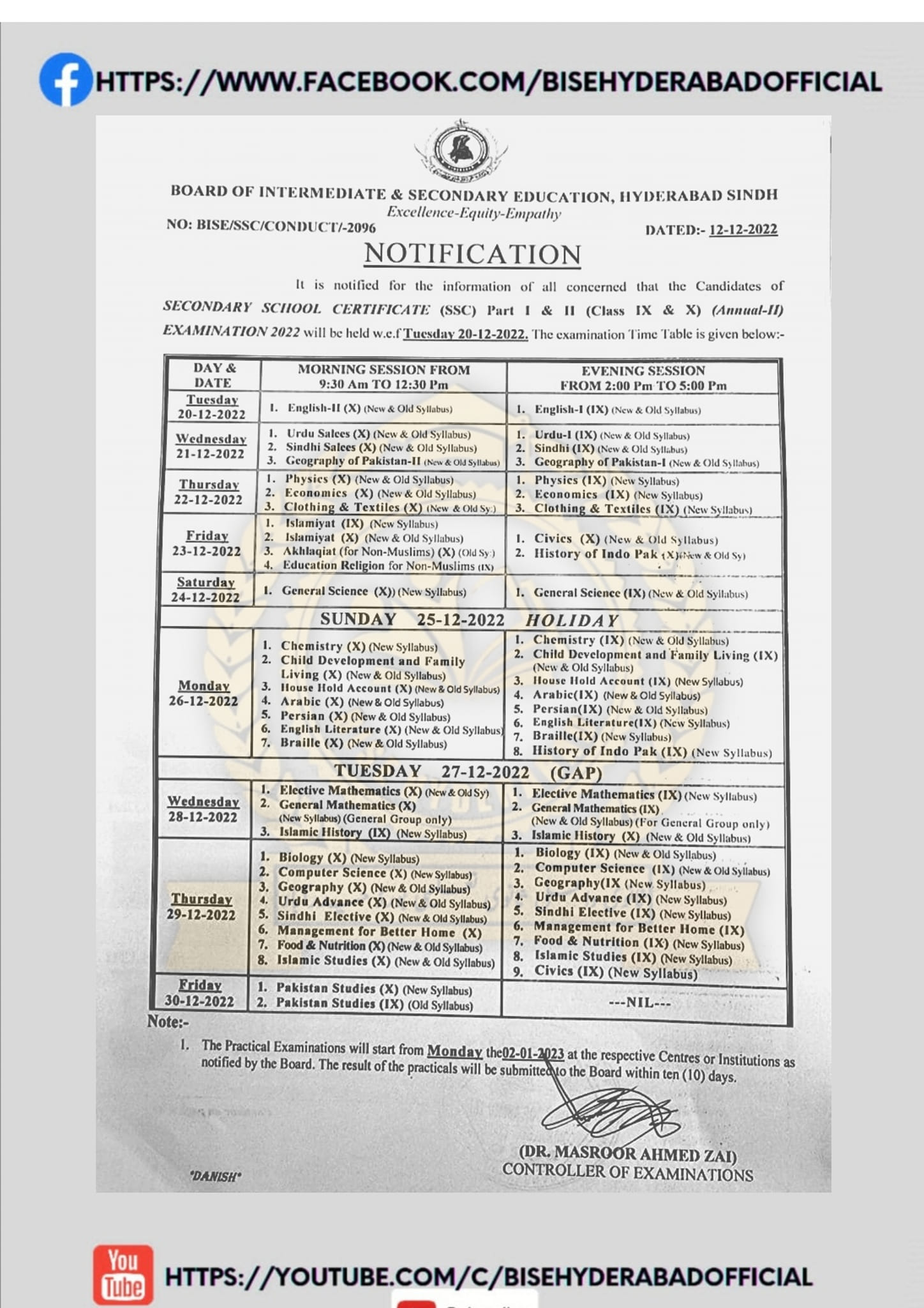 9th Class Date Sheet 2024 BISE Hyderabad Board biseh Online