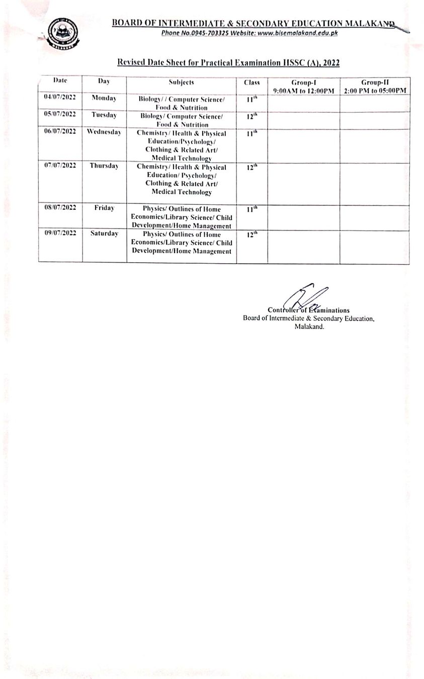 Inter Part 1 Date Sheet 2024 BISE Malakand Board bisemalakand Online