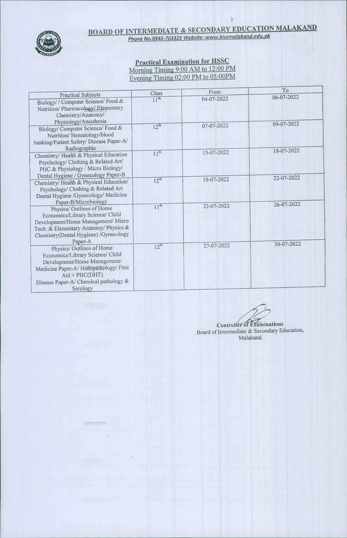 1st Year Date Sheet 2025 BISE Malakand Board bisemalakand Online