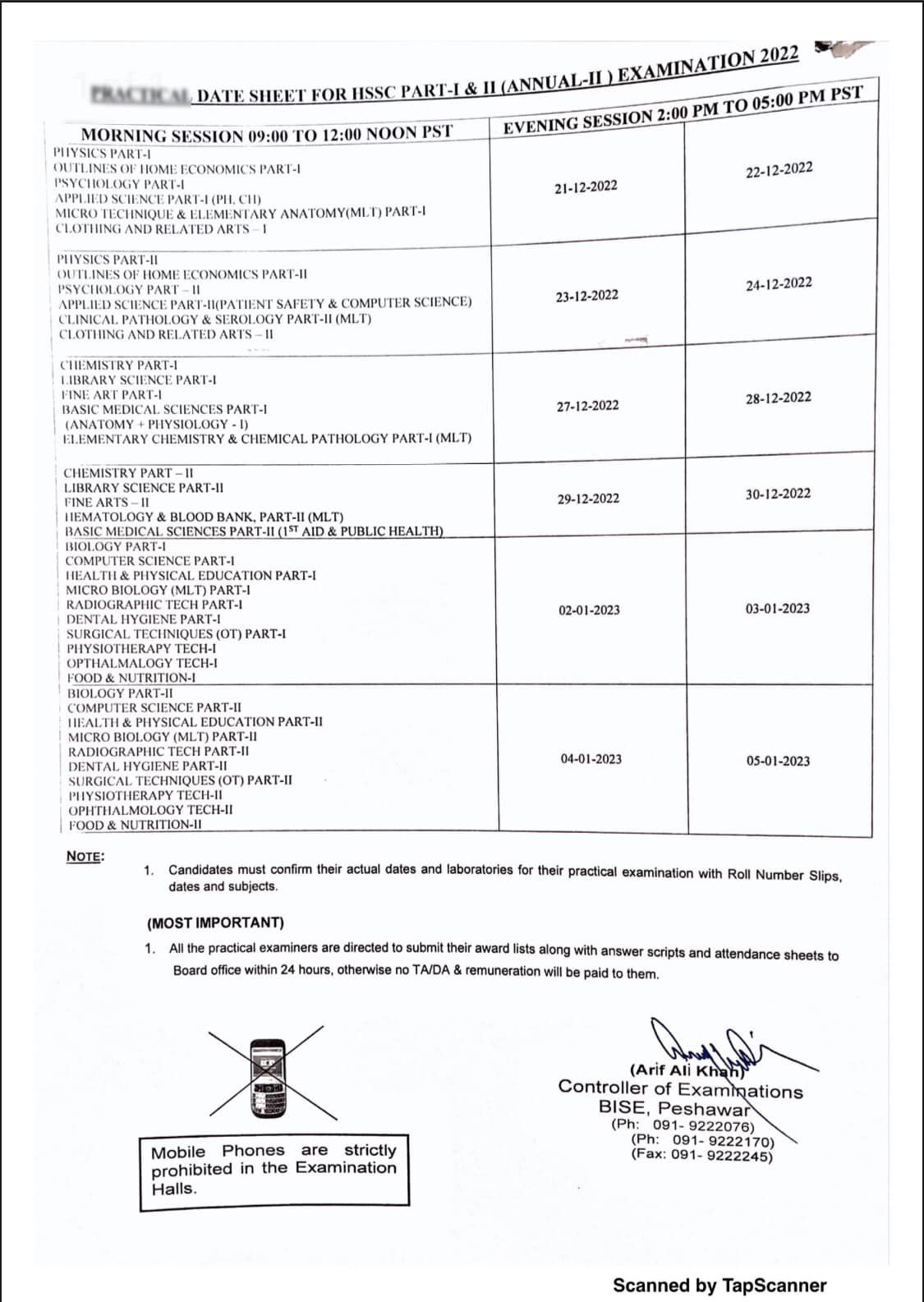 BISE Peshawar Board Date Sheet 2024 Inter Part 1 2, HSSC, FA, FSC