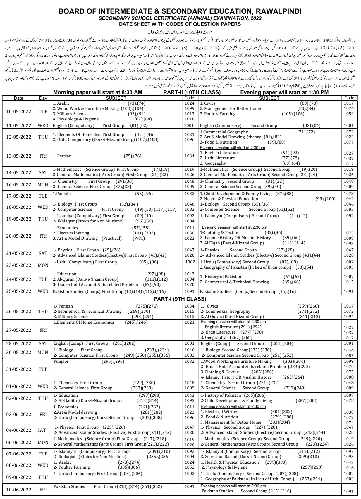 Matric Date Sheet 2025 BISE Rawalpindi Board biserwp Online