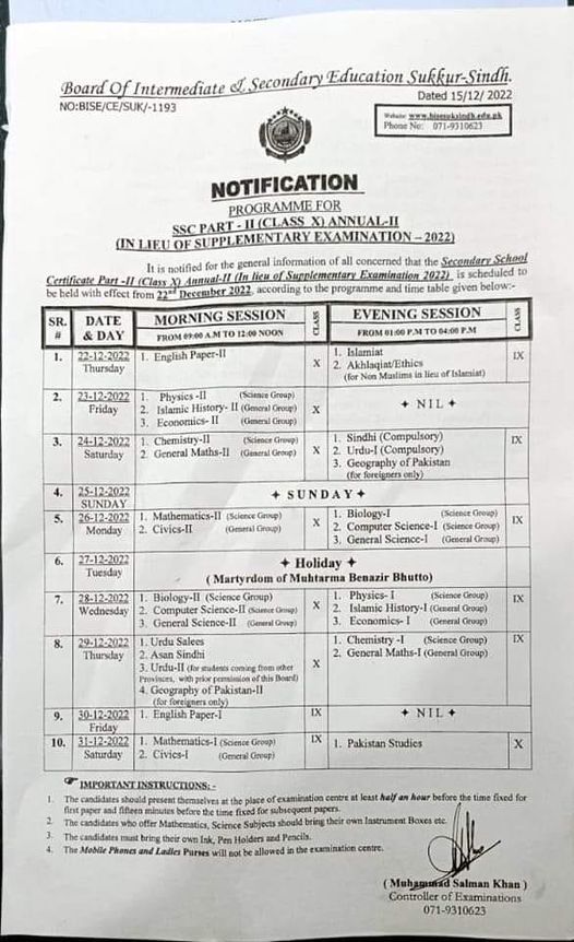 BISE Sukkur Board Date Sheet 2024 Matric Part 1 2, SSC, 9th & 10th