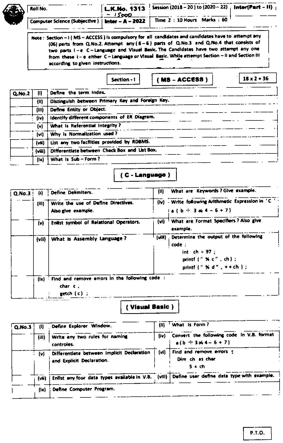 BISE Bahawalpur Board Past Papers 2024 Inter Part 1 2, FA, HSSC, FSC