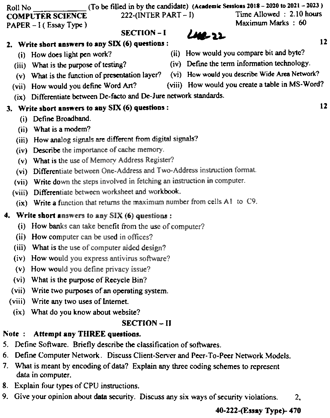 BISE Lahore Board Past Papers 2025 Inter Part 1 2, FA, HSSC, FSC, Intermediate, 11th & 12th, 1st