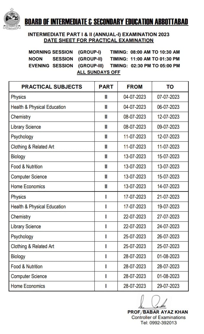 Fsc Date Sheet 2024 BISE Abbottabad Board biseatd Online