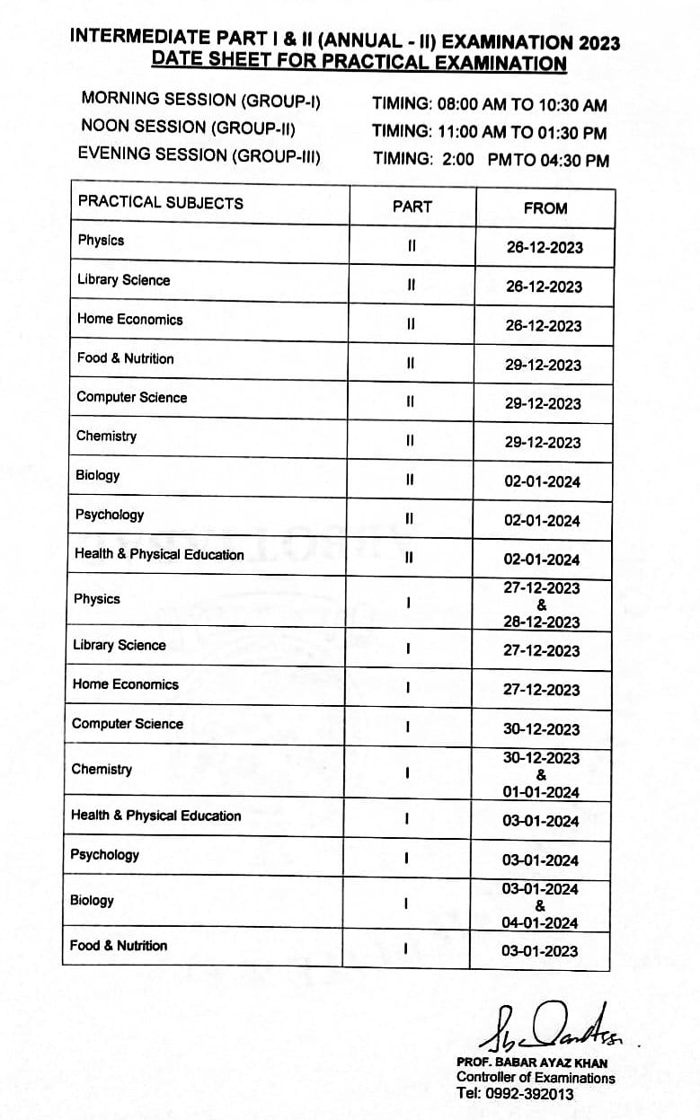 Inter Part 1 Date Sheet 2024 BISE Abbottabad Board biseatd Online