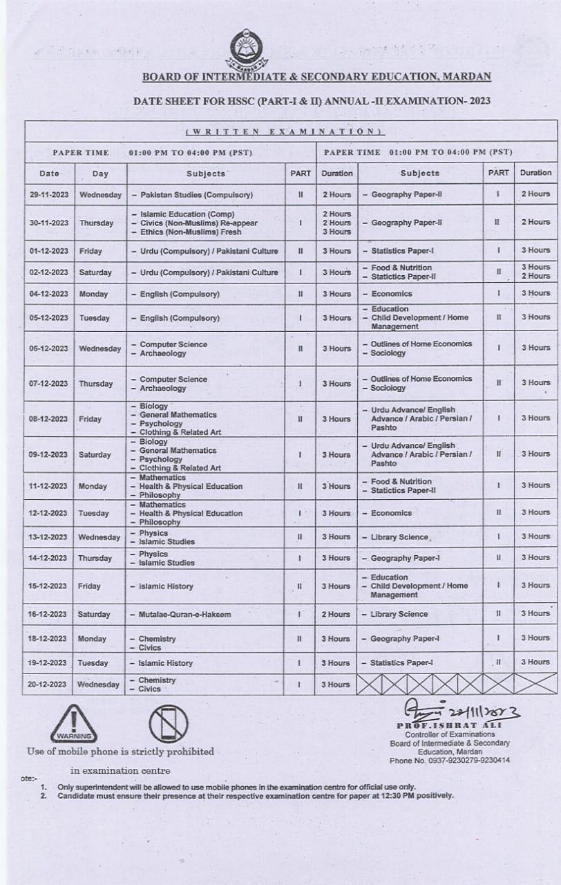 BISE Mardan Board Date Sheet 2025 Inter Part 1 2, HSSC, FA, FSC, Intermediate, 11th & 12th, 1st
