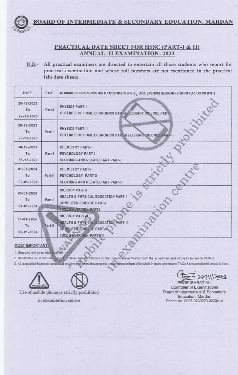 BISE Mardan Board Date Sheet 2025 Inter Part 1 2, HSSC, FA, FSC, Inter