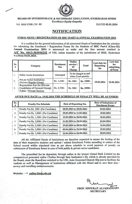 BISE Hyderabad Board Admissions 2024 biseh Online