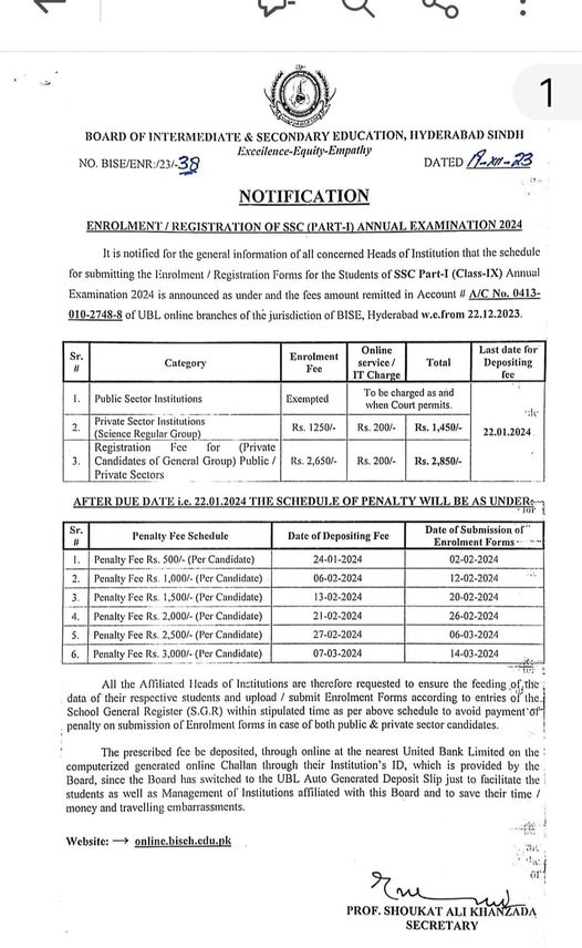 BISE Hyderabad Board Admissions 2024 biseh Online