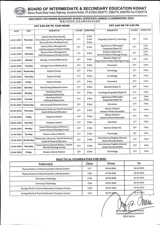 BISE Kohat Board Date Sheet 2024 Inter Part 1 2, HSSC, FA, FSC, Inter