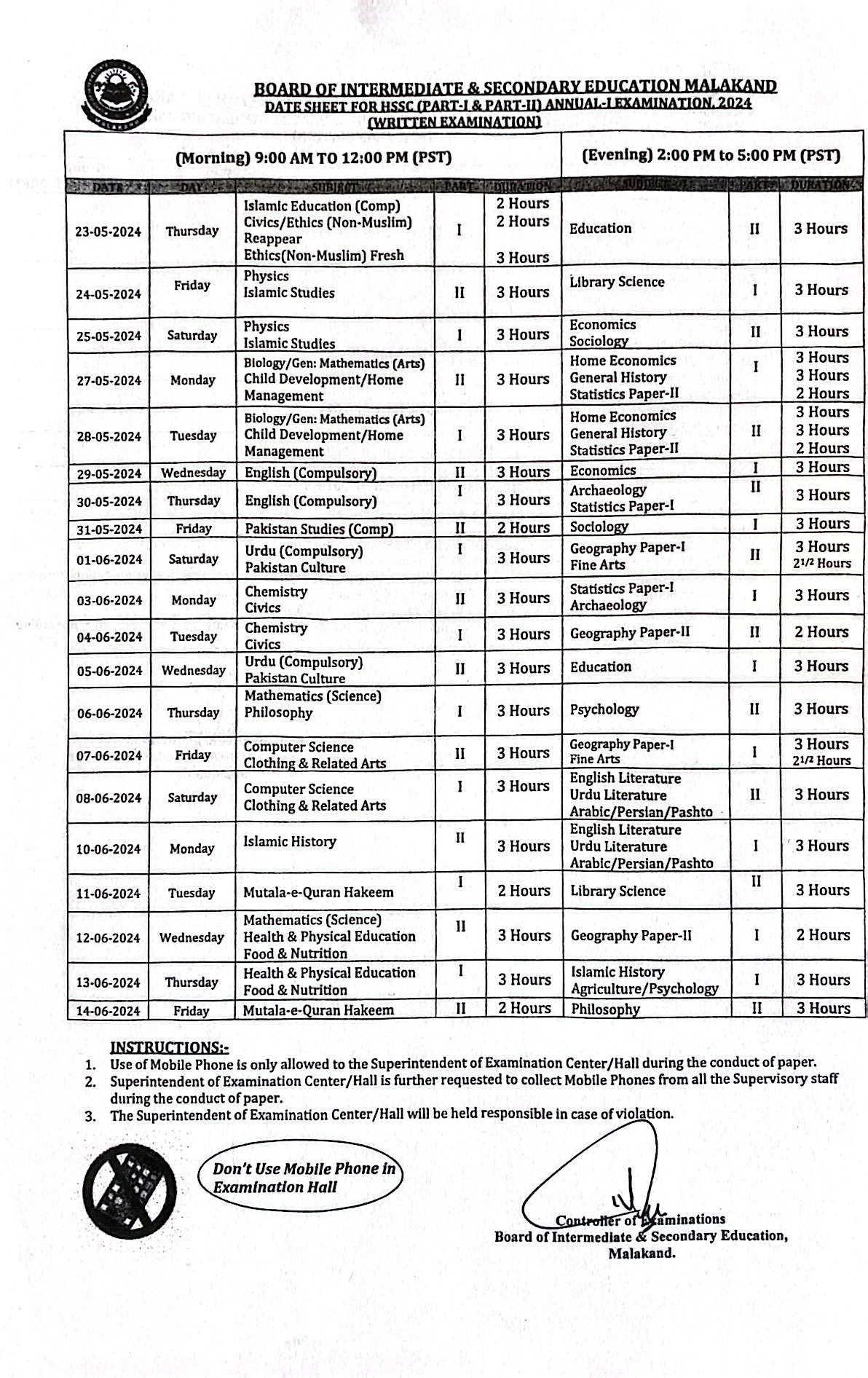 BISE Malakand Board Date Sheet 2024 Inter Part 1 2, HSSC, FA, FSC