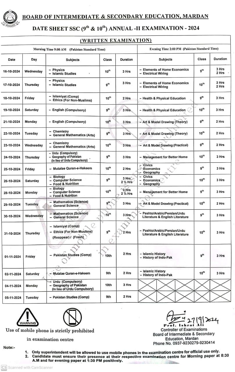 BISE Mardan Board Date Sheet 2025 Matric Part 1 2, 9th & 10th, SSC Annual & Supply Classes